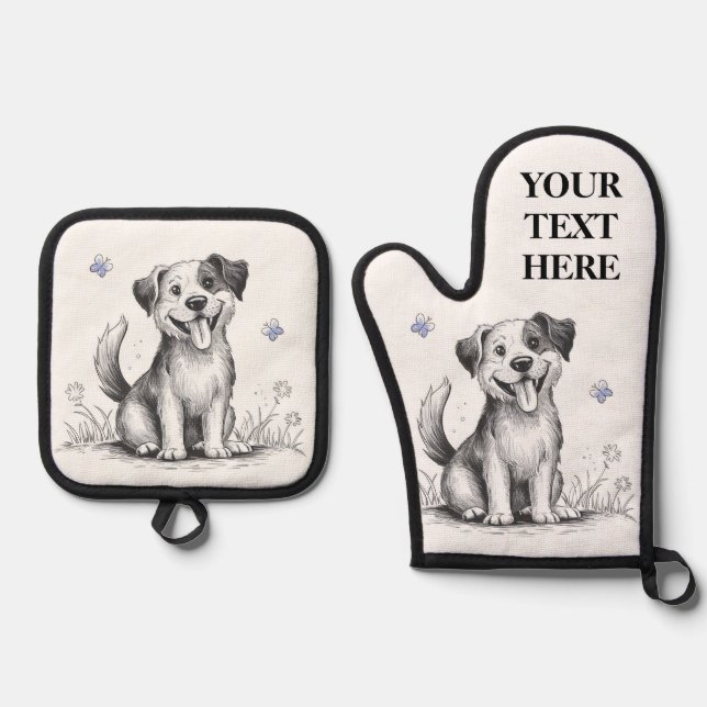 Happy Puppy Dog personalize Name Text Blue Ofenhandschuh & Topflappen-Set (Vorderseite)