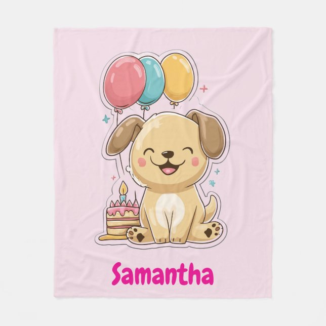 Happy Puppy, Girl, 1st Birthday Gift, Personalized Fleecedecke (Vorderseite)