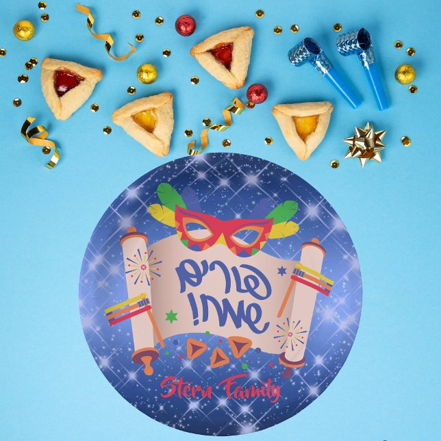 Happy Purim Blue Megillah Grogger Hamantaschen Pappteller (Von Creator hochgeladen)