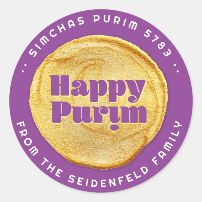 Happy Purim Elegant Gold Siegel Lila Runder Aufkleber (Vorderseite)