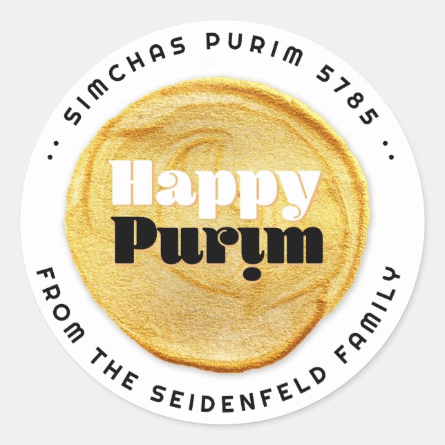 Happy Purim Elegant Gold Siegel Runder Aufkleber (Vorderseite)