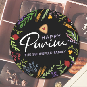 Happy Purim Étiquette floral personnalisé sur noir