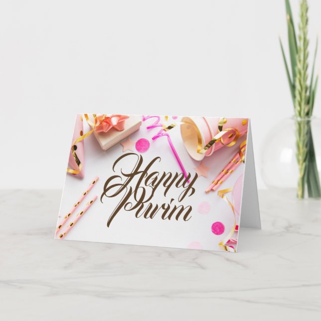 Happy Purim Faltkarte Pink Pastel Party Karte (Vorderseite)