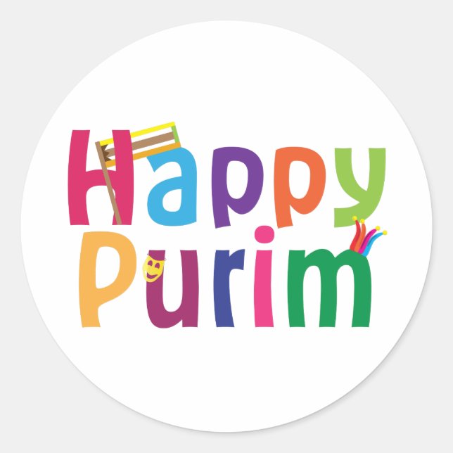 Happy Purim farbenfrohe Gestaltung Runder Aufkleber (Vorderseite)