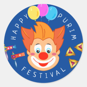 Happy Purim Festival Funny Clown Kinder Party Runder Aufkleber