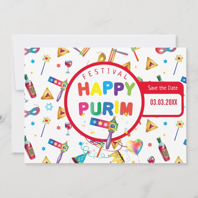 Happy Purim Festival Funny Toys Pattern Kinder Par Save The Date (Rückseite)