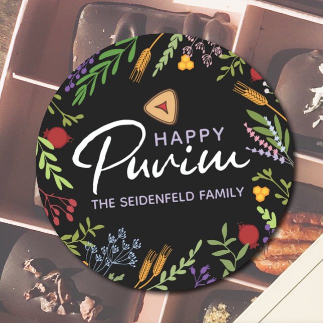 Happy Purim Personalisiertes Blumenetikett auf Sch Runder Aufkleber (Von Creator hochgeladen)
