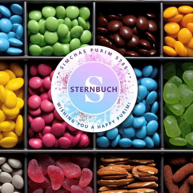 Happy Purim Watercolor Glitzer Blue Monogram Clas Runder Aufkleber (Von Creator hochgeladen)