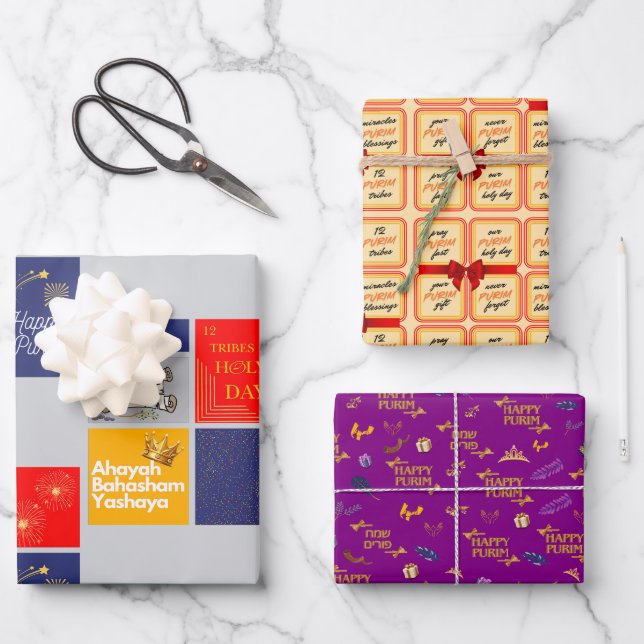 Happy Purim Wrapping Paper Flat Sheet Set 3 Geschenkpapier Set (Vorderseite)