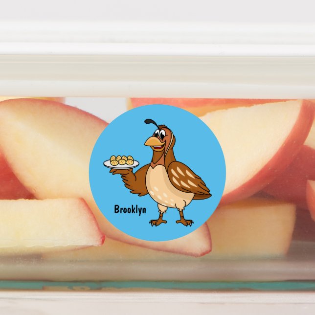 Happy quail mit Eiern Cartoon Etiketten (Befestigt)