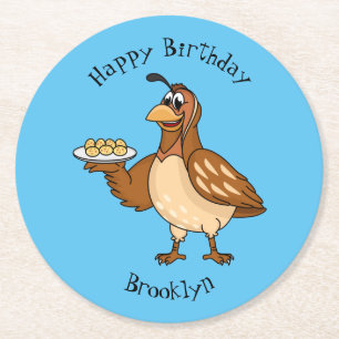 Happy quail mit Eiern Cartoon Runder Pappuntersetzer