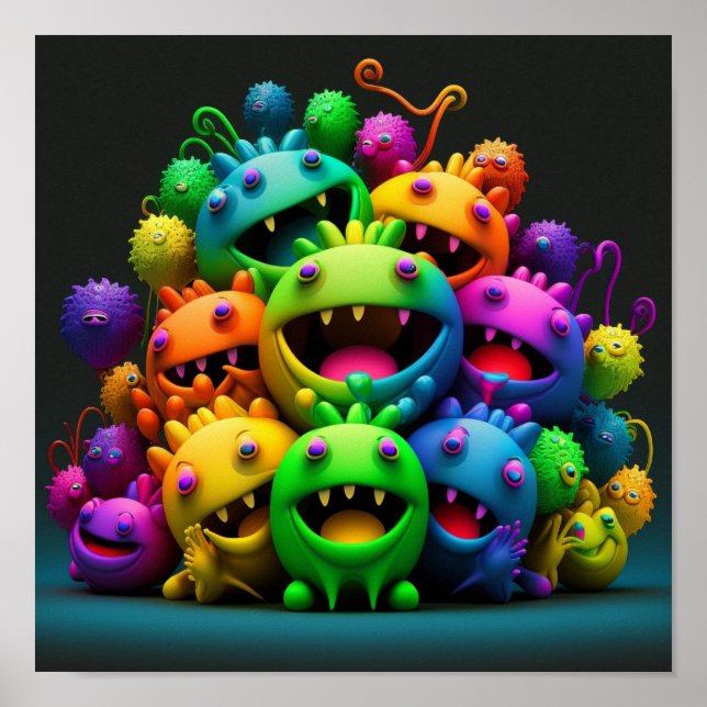 Happy Rainbow Smiling Creatures Poster (Devant)