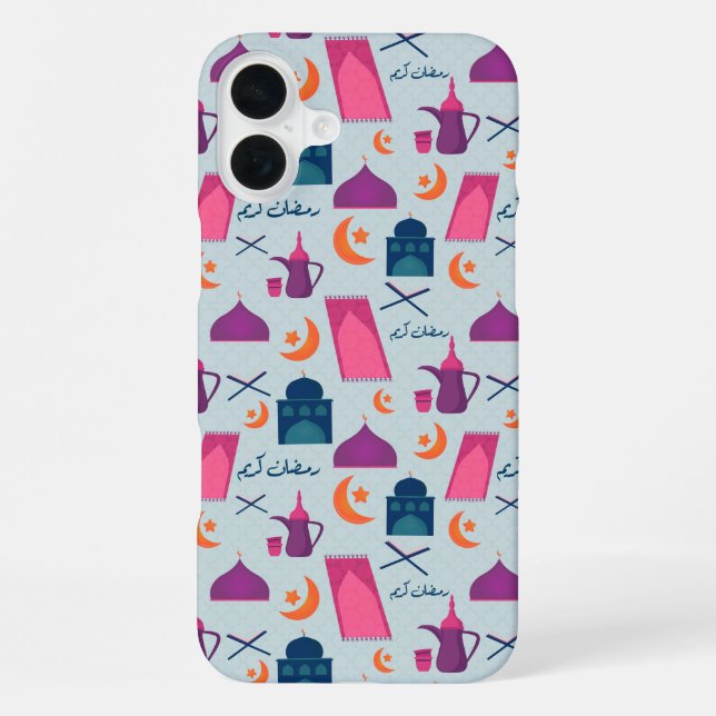Happy Ramadan Pattern iPhone 16 Plus Hülle (Rückseite)