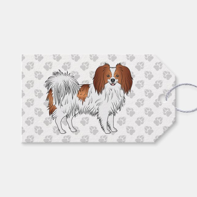 Happy Red and White Phalène Dog Illustration Geschenkanhänger (Vorderseite (Horizontal))