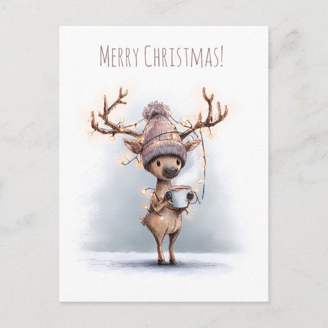 Happy reindeer holds hot mug, Christmas Postkarte (Vorderseite)
