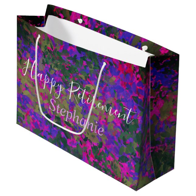 Happy Rente Lila Pink Garden Blumen bemalt Große Geschenktüte (Vorderseite Schrägansicht)