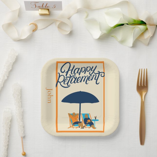 Happy Retirement Beach Monogram Name Pappteller (Hochzeit)
