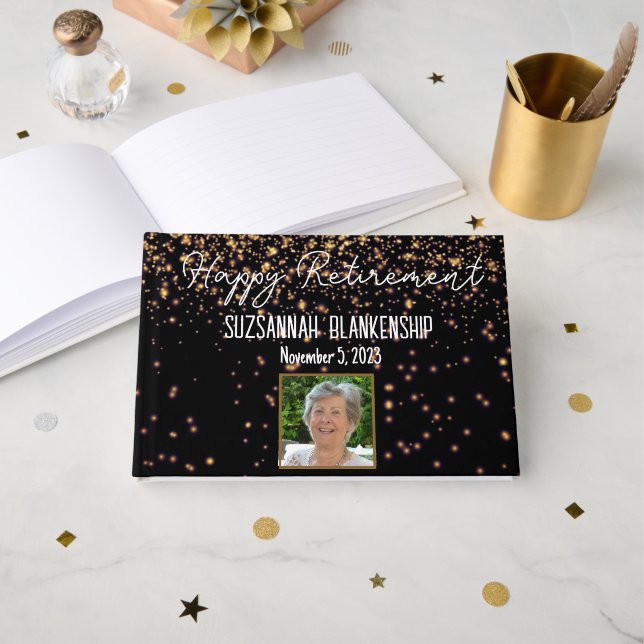 Happy Retirement Black and Gold Custom Foto Gästebuch (Vorderseite Offen)