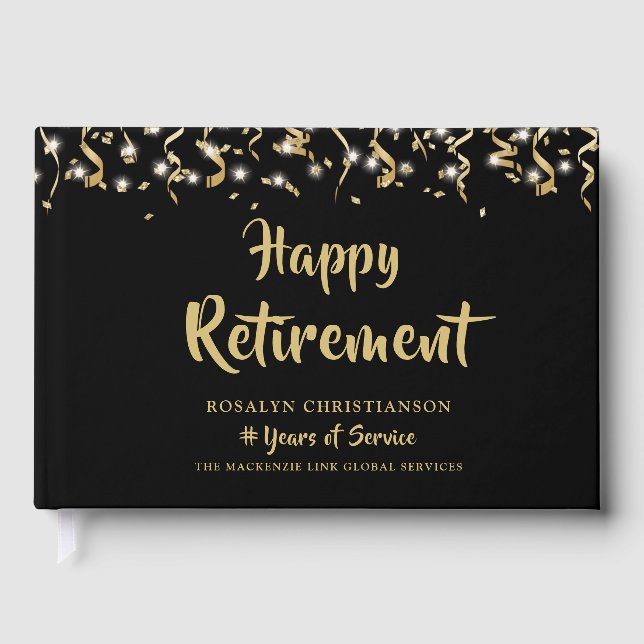 Happy Retirement Black Gold Confetti Streamers Gästebuch (Vorderseite)