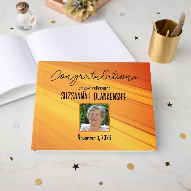 Happy Retirement Diagonal Gold Streak Custom Foto Gästebuch (Vorderseite Offen)