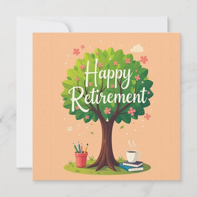 Happy Retirement Feiertagskarte (A cheerful illustration featuring a large, vibrant tree.)