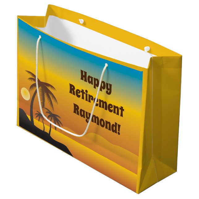 Happy Retirement mit Palmen Strand Szene Große Geschenktüte (Vorderseite Schrägansicht)
