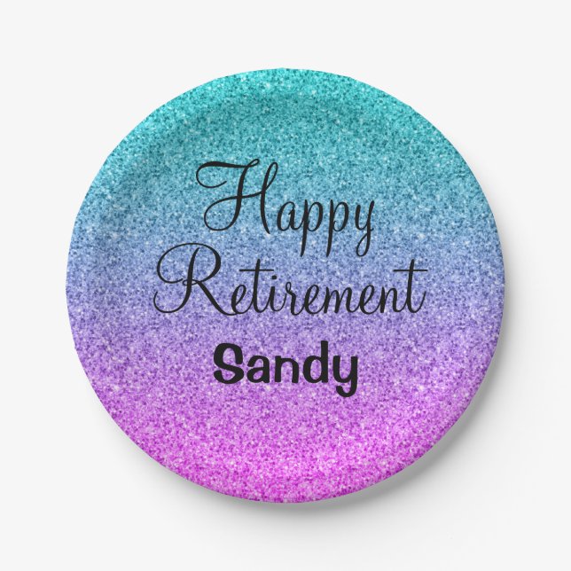 Happy Retirement Ombre Pink Blue Lila Glitzer Pappteller (Vorderseite)