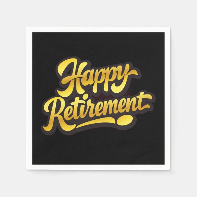 Happy Retirement Paper Napkin Serviette (Bold "Happy Retirement" napkin with glowing gold script on a sleek black background!)