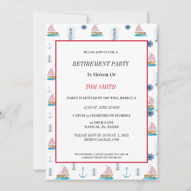 Happy Retirement Party Watercolor Nautic Einladung (Vorderseite)