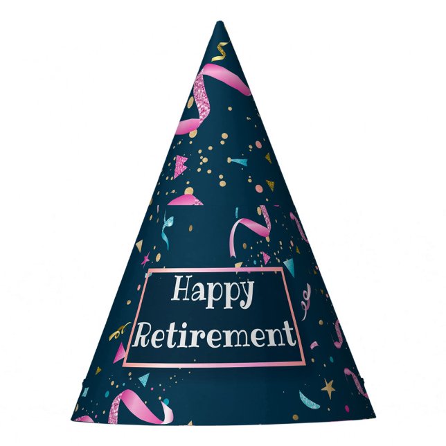 Happy Retirement Partyhütchen (A colorful party hat adorned with confetti and ribbons. )