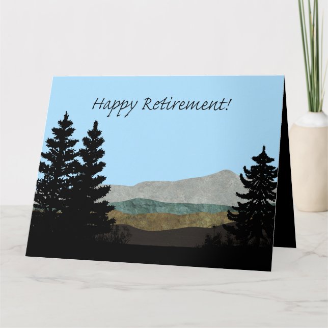 Happy Retirement! Pine Trees Silhouettes Mountains Karte (Vorderseite)