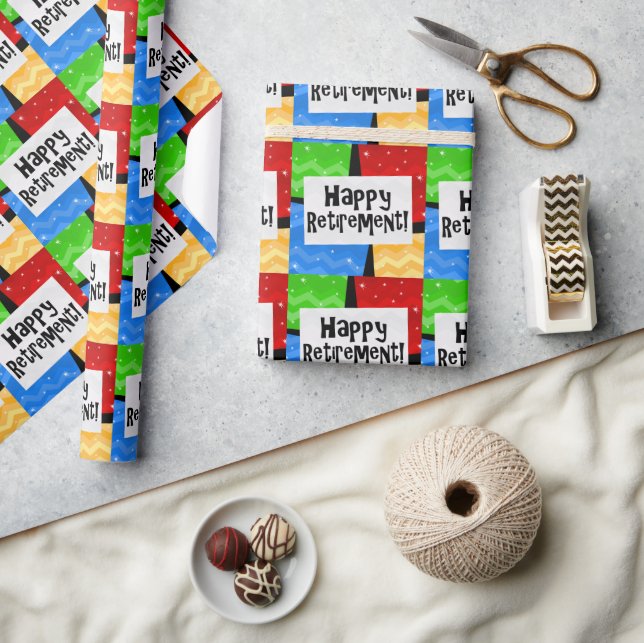 Happy Retirement, Primary Color Squares Party Geschenkpapier (Kunsthandwerk)