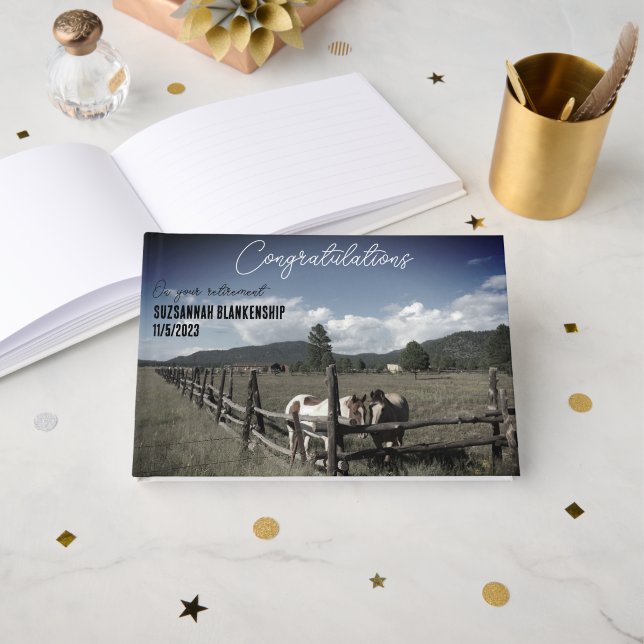 Happy Retirement Rural Scene Horses Foto Custom Gästebuch (Vorderseite Offen)
