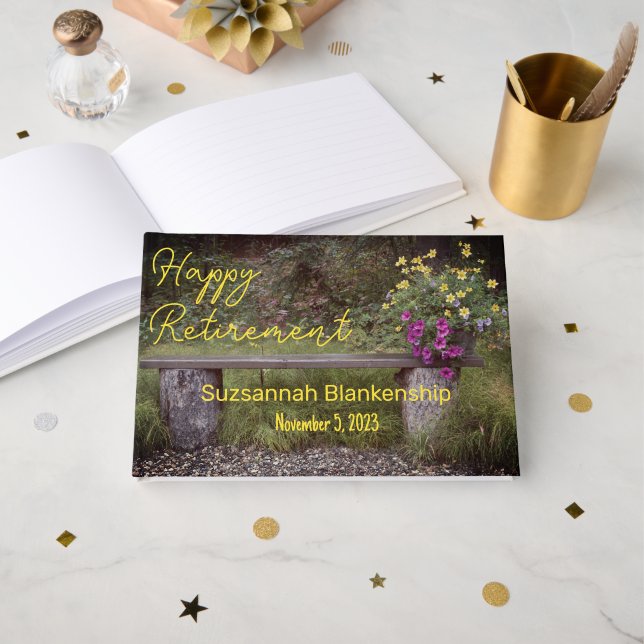 Happy Retirement Rustic Bench Blume Foto Custom Gästebuch (Vorderseite Offen)