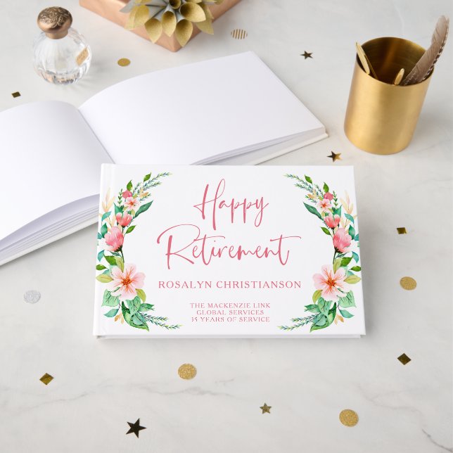 Happy Retirement Tropical Floral Pink Script Gästebuch (Vorderseite Offen)