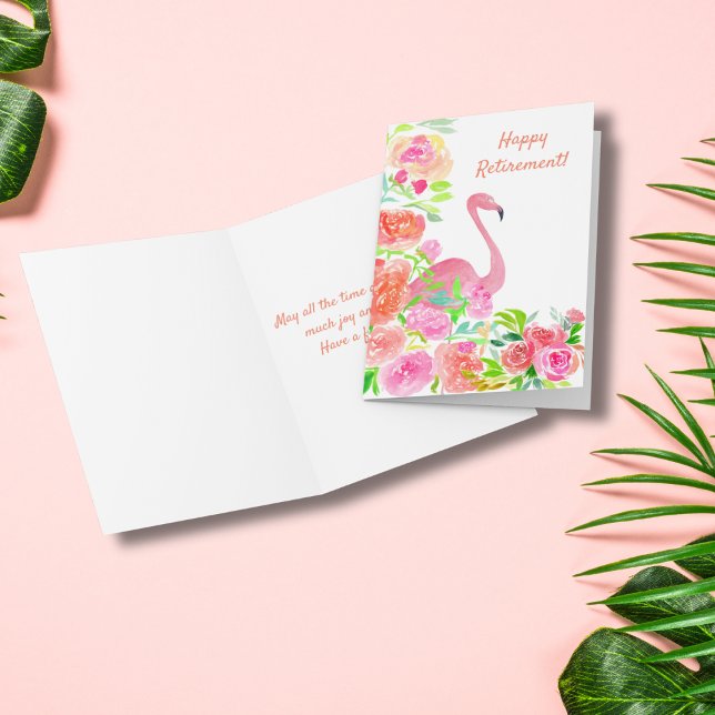 Happy Retirement Wasserfarbe Flamingo mit Blume Karte (Flamingo Retirement Card: Celebrate their next chapter with colorful joy and grace.)
