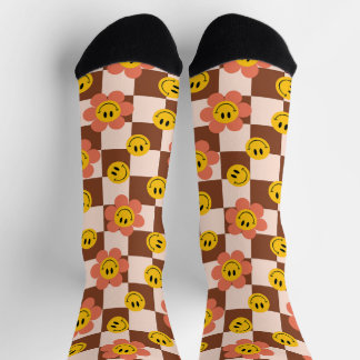 Happy Retro Checkered Pattern mit Blume Socken