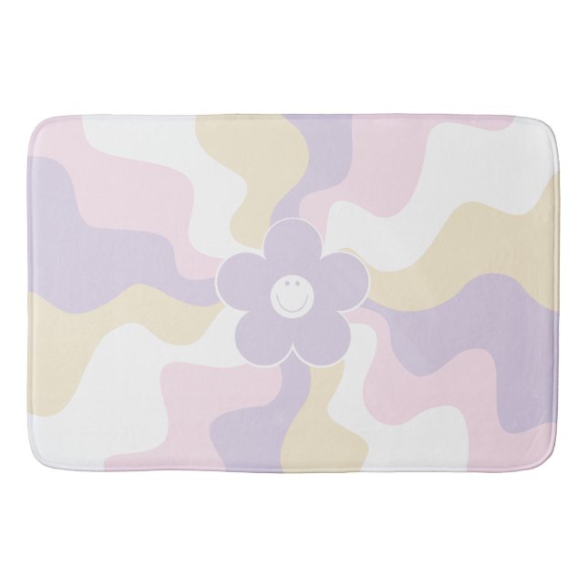 Happy Retro Daisy - Pastellrosa, Gelb und Lila Badematte (Vorderseite)