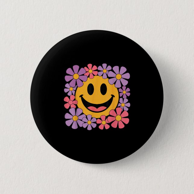 Happy Retro Daisy Smile Face Preppy Ästhetik Männe Button (Vorderseite)