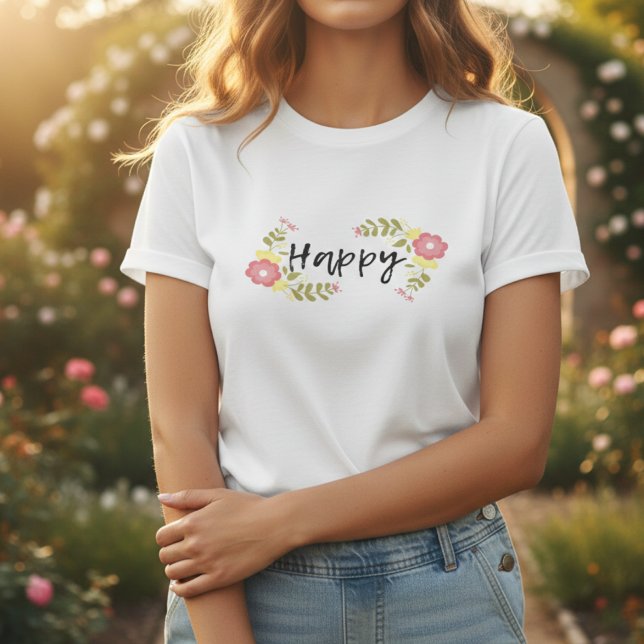 Happy rosa Wildblume und Skriptkalligraphie zitier T-Shirt (Von Creator hochgeladen)