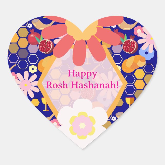 Happy Rosh Hashanah Jüdische Neujahrsmuster Herz-Aufkleber (Vorderseite)
