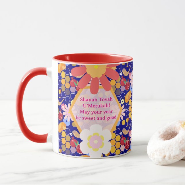 Happy Rosh Hashanah Jüdische Neujahrsmuster Tasse (Mit Donut)