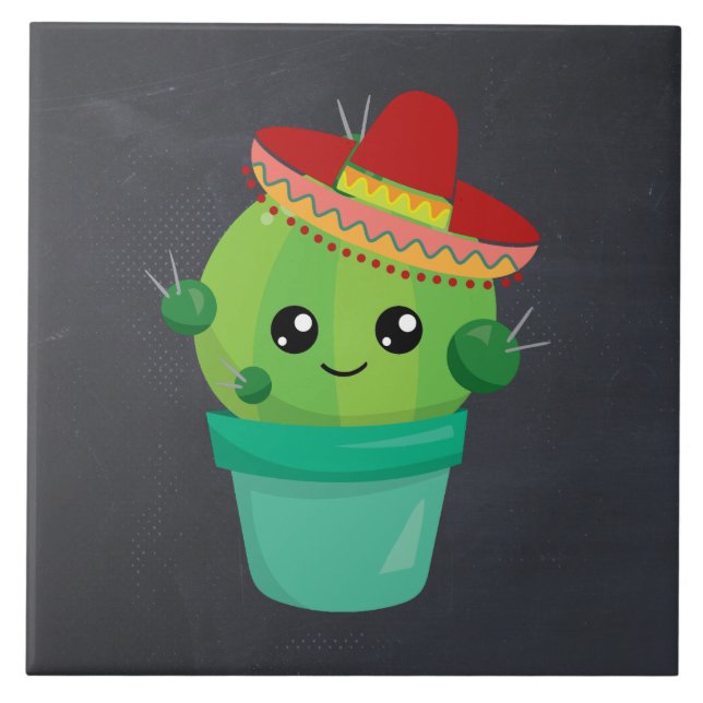 Happy Round Cactus Wear a Red Sombrero Fliese (Vorderseite)