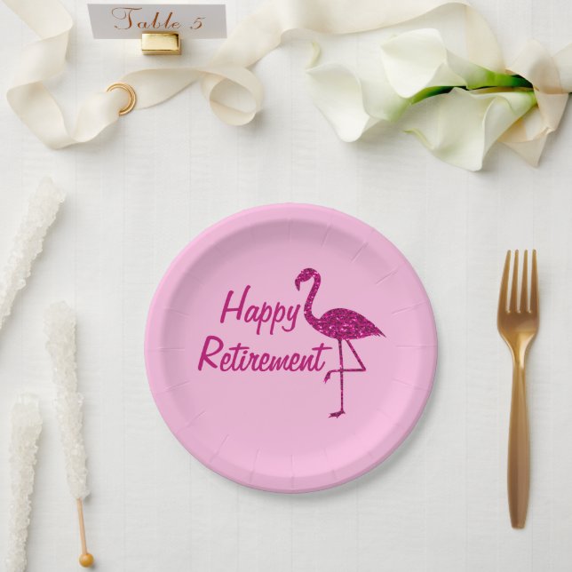 Happy Ruhestand funkelnd rosa Flamingo Custom text Pappteller (Hochzeit)