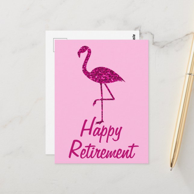 Happy Ruhestand funkelnd rosa Flamingo Custom text Postkarte (Vorderseite/Rückseite Beispiel)