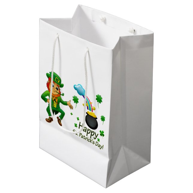 Happy Saint Patrick's Day Leprechaun Regenbogen  Mittlere Geschenktüte (Vorderseite Schrägansicht)