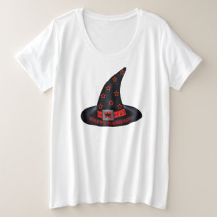 Happy Samhain Black Witch Hat Orange Stars Sash Große Größe T-Shirt