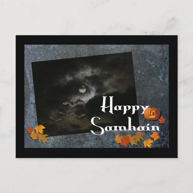 Happy Samhain!-Fledermäuse, Mond, Pumpkin Postkarte (Vorderseite)