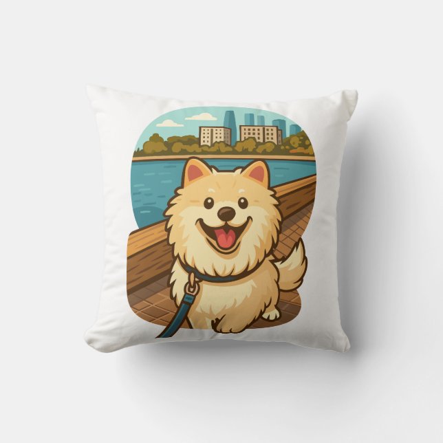 Happy Samoyed Walk by the City Waterfront Kissen (Vorderseite)