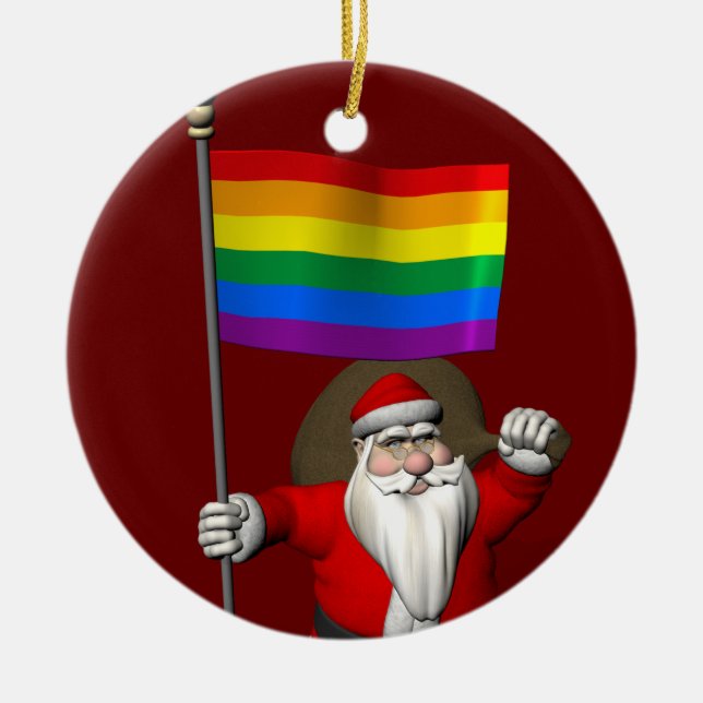 Happy Santa Claus mit Gay Pride-Regenbogenflagge Keramik Ornament (Vorne)